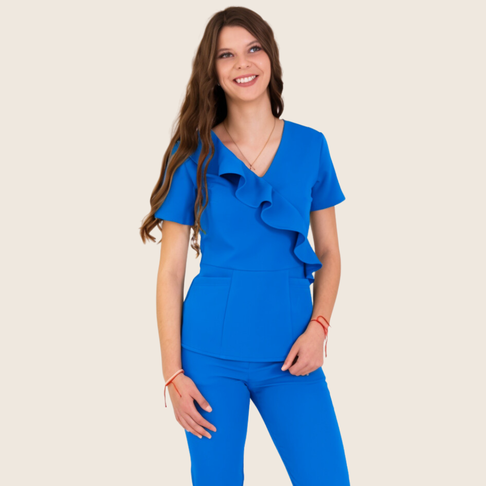 Women's V-neck Front Slanted Wave Design Scrub Top