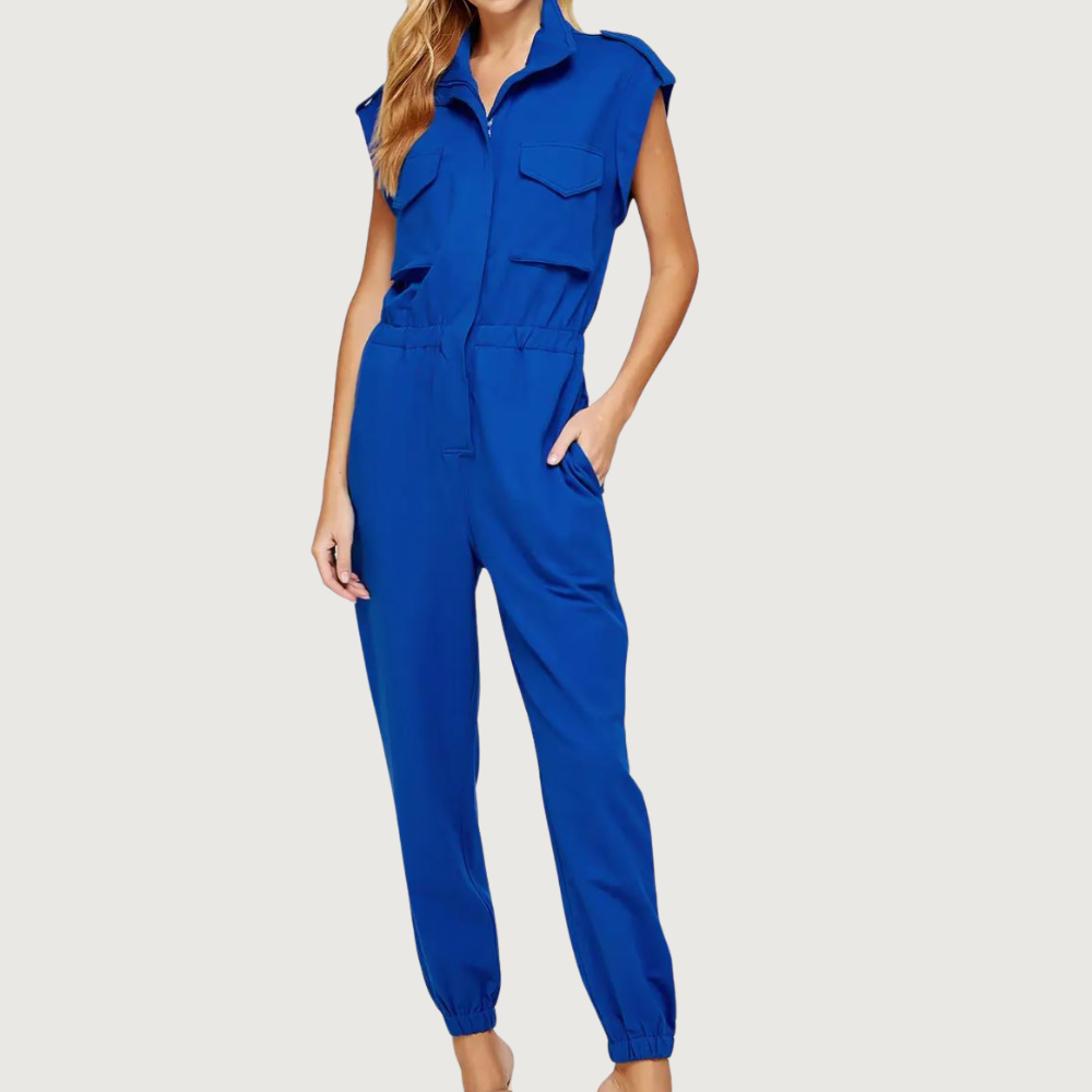 Women's High Neck Folded Sleeves with Epaulettes Jumpsuit