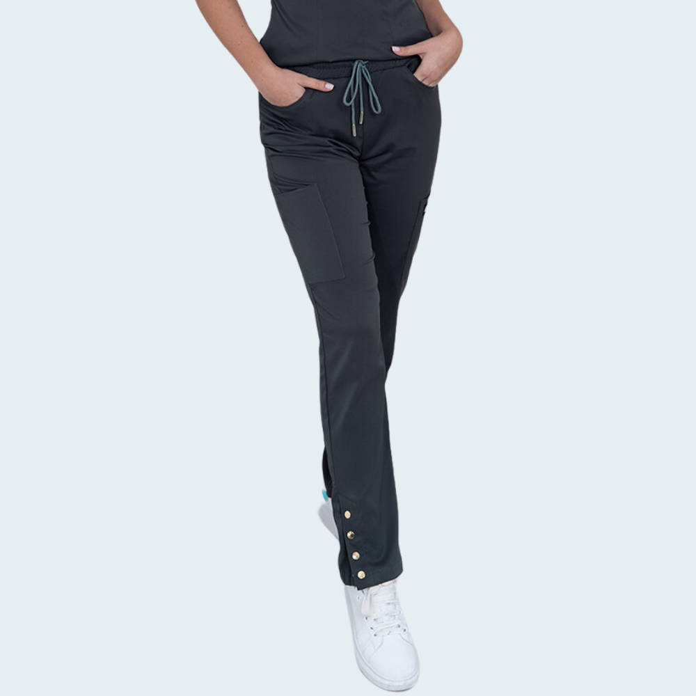 Women's Six Pockets Button Slit Hem Scrub Pant