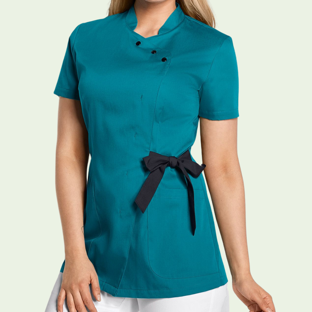 Women's Stand-up Collar Scrub Top with Decorative Bow