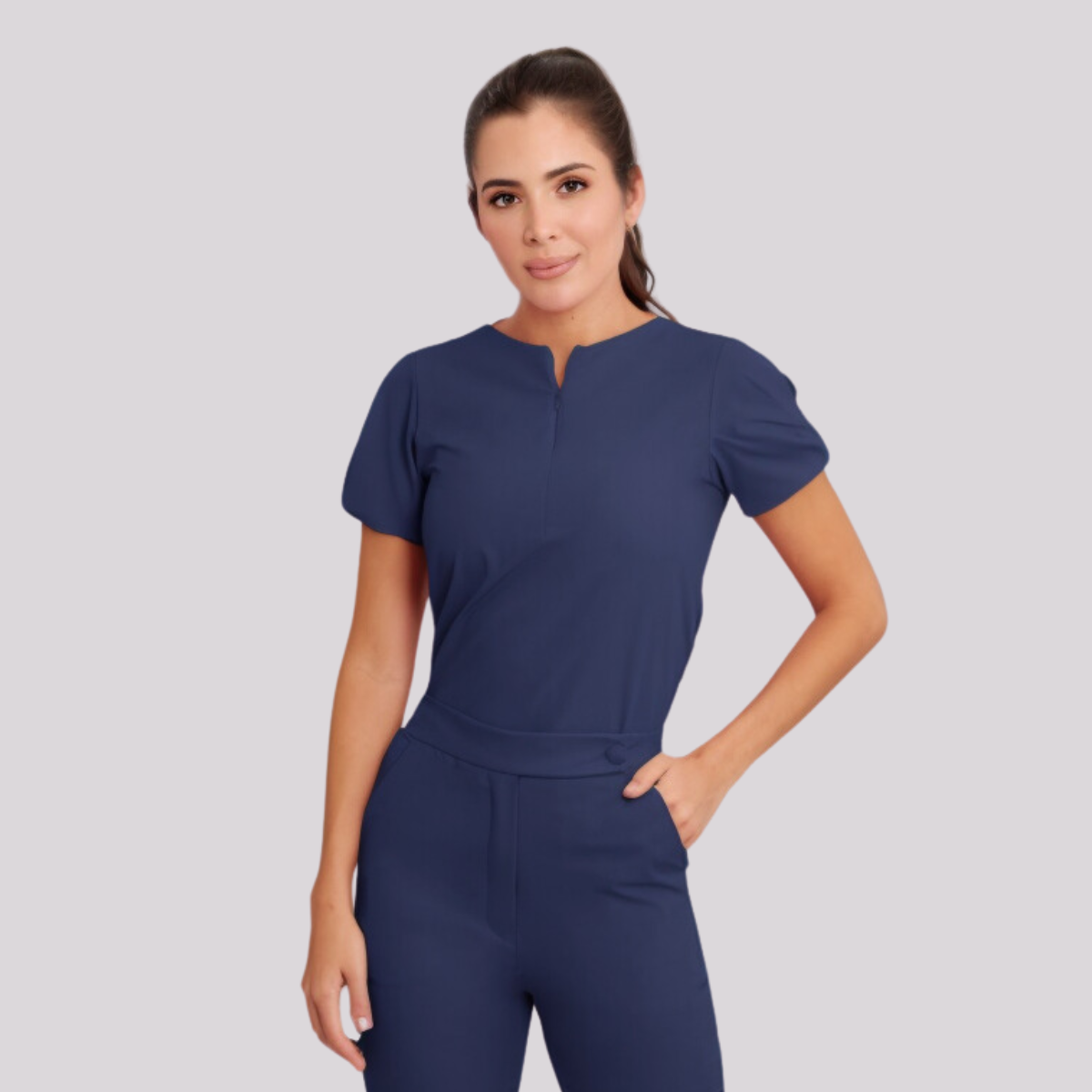 Women's Short Sleeve Crew Neck Zipper Scrub Top