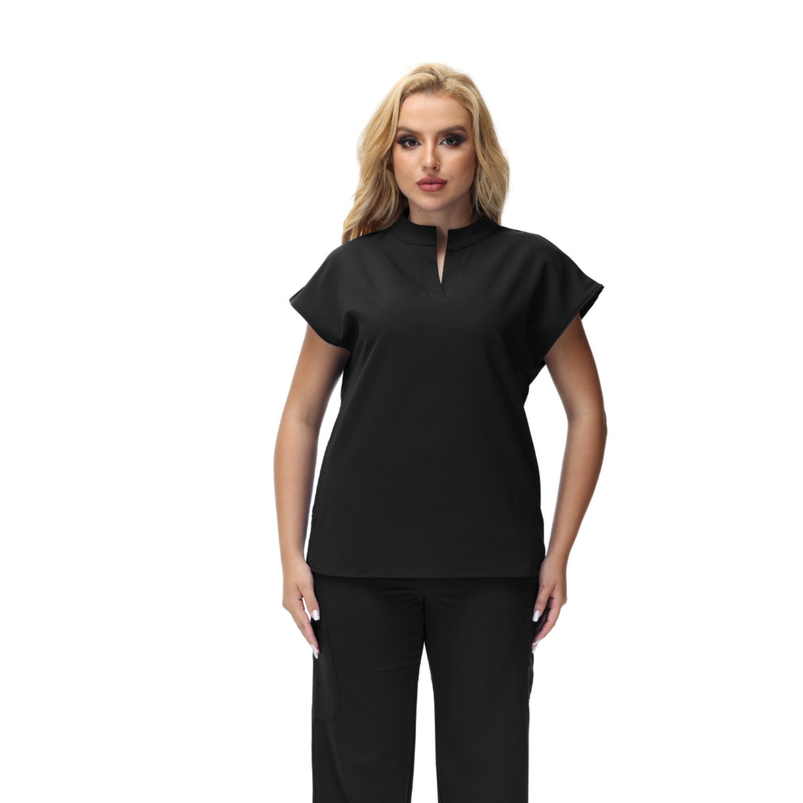 Angela Mandarin Collar Scrub Top with expansive fit and stylish design.