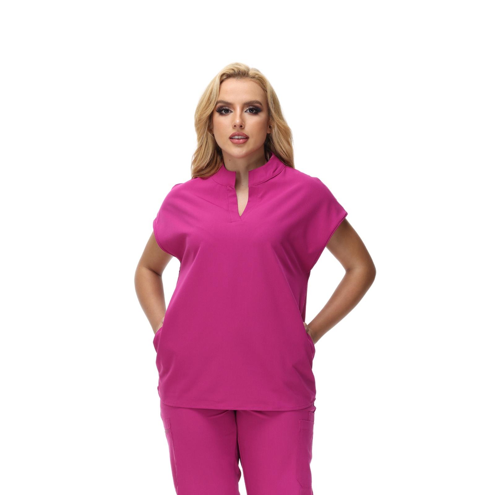 Angela Mandarin Collar Scrub Top with expansive fit and stylish design.