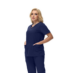 Anne V-neck Four-Pocket Scrub Top featuring a unique cross design and functional pockets.