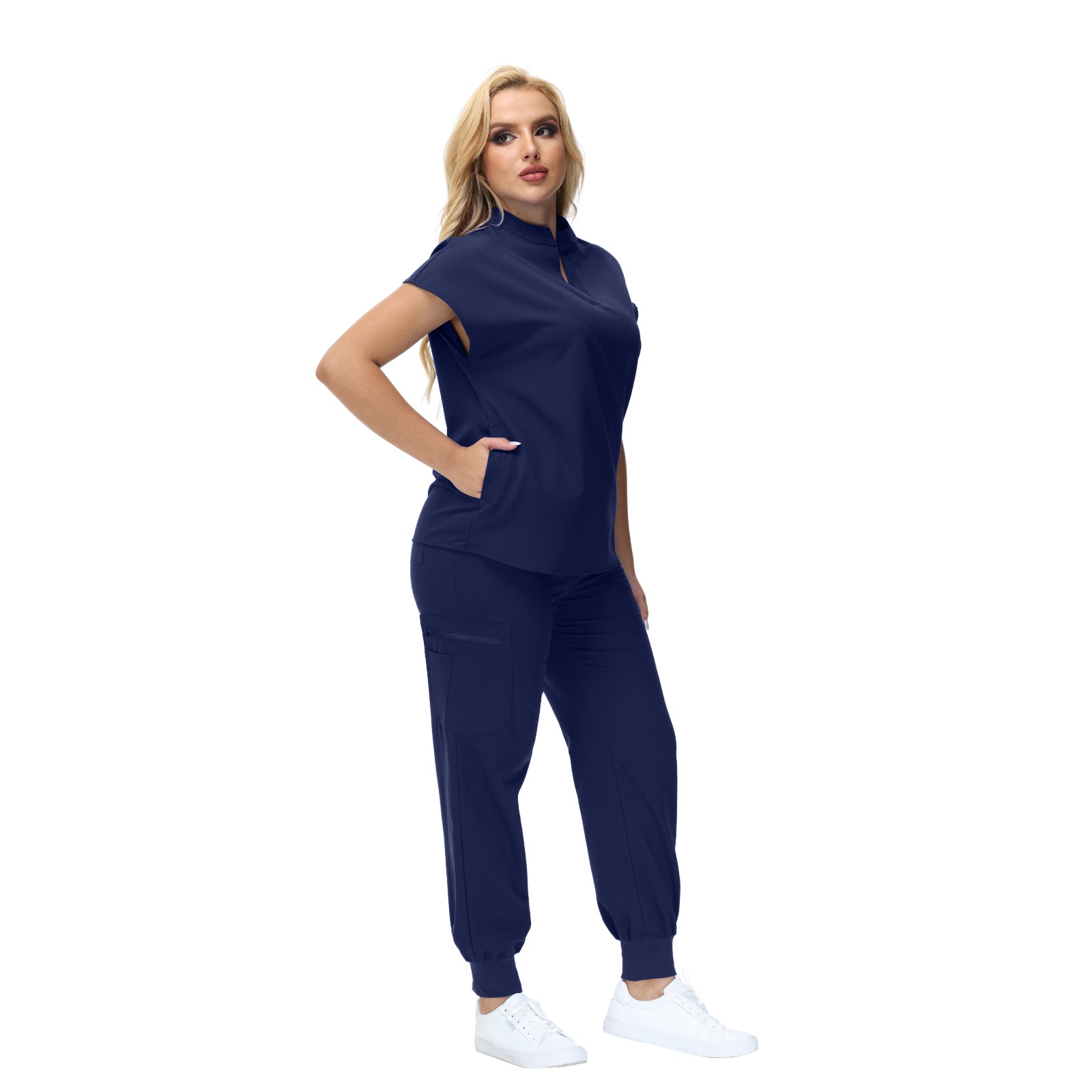 Elegant Crystal Scrub Set with mandarin collar and expansive fit, perfect for healthcare professionals.