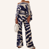 Printed Round Neck Loose Bat Sleeve Waist Wide Leg Pants Modern Casual Set