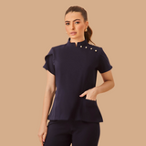 Women's Priest Collar Scrub Top With Tulip Sleeves