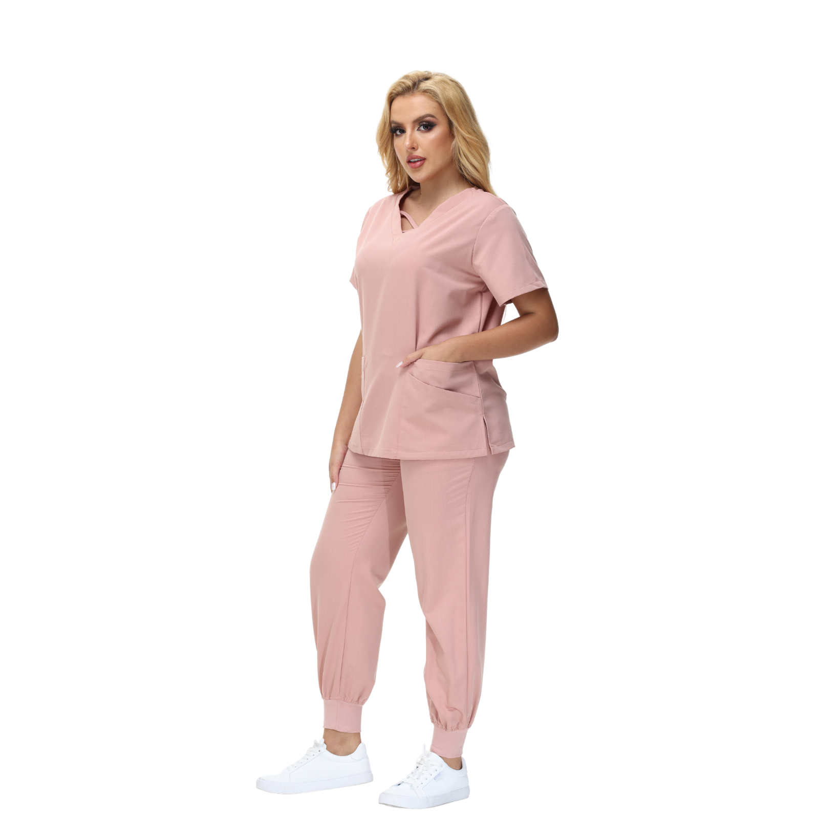 Cleo Scrub Set featuring a classic fit and cross design V-neck, ideal for healthcare professionals.