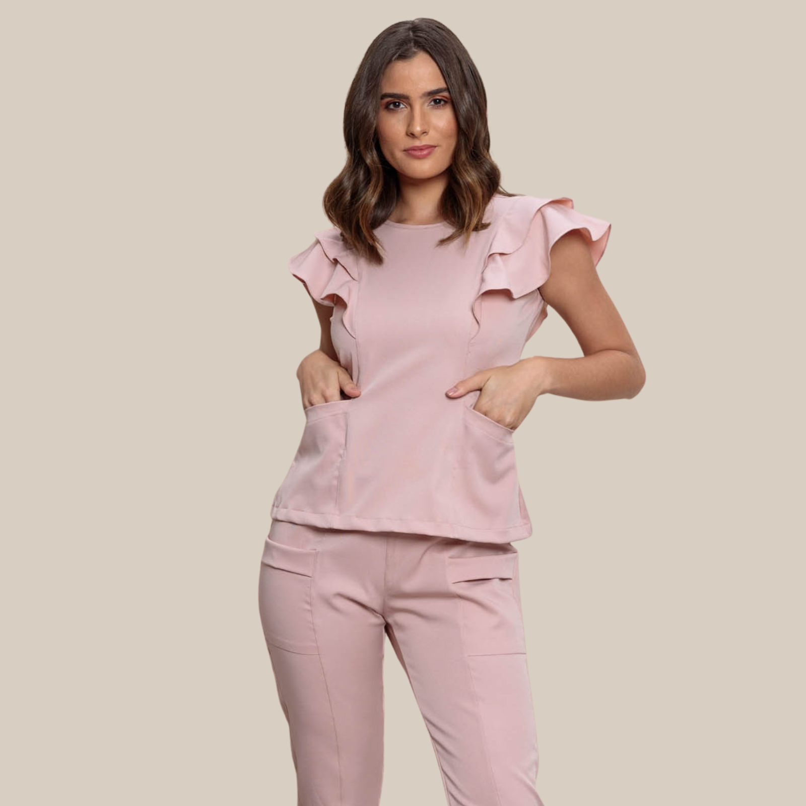 Women's Round Neck Scrub Top With Structured Sleeves