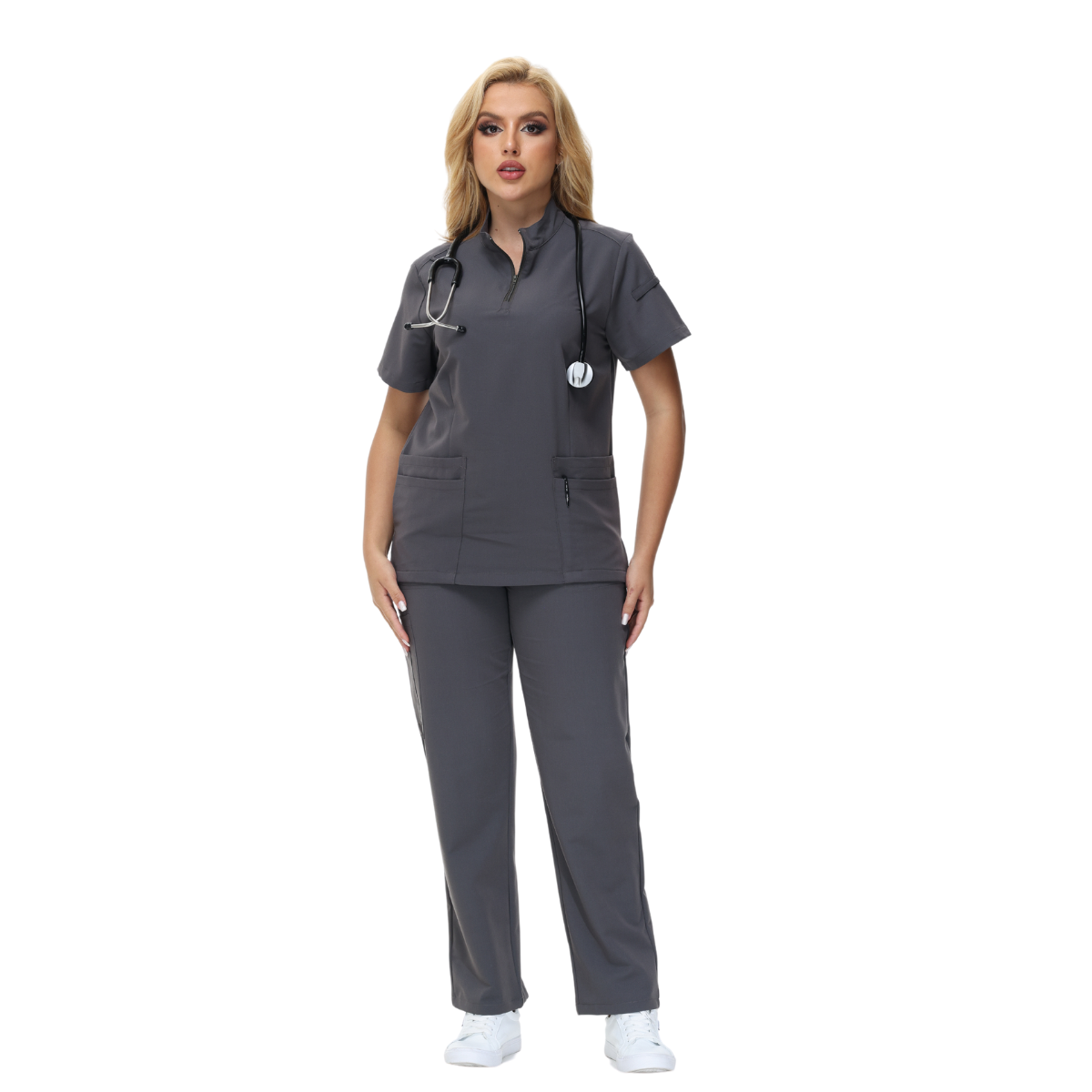 Alison Four-Pocket Scrub Top with mandarin collar and functional design.