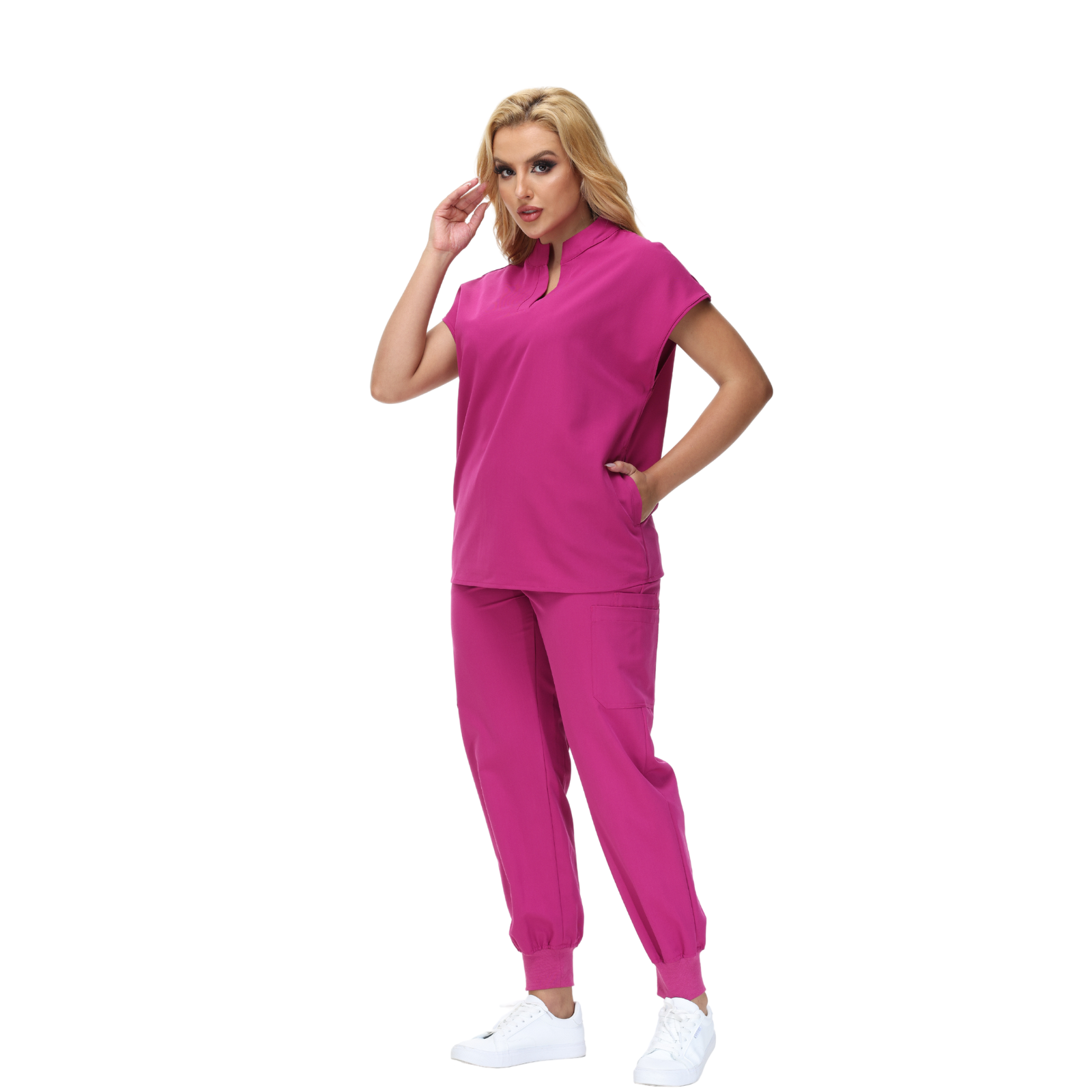 Elegant Crystal Scrub Set with mandarin collar and expansive fit, perfect for healthcare professionals.