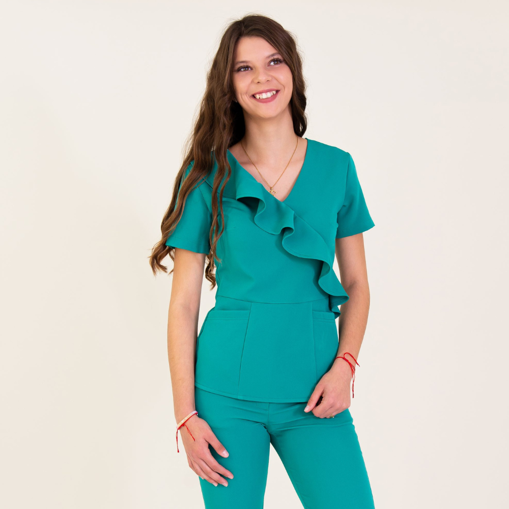 Women's V-neck Front Slanted Wave Design Scrub Top