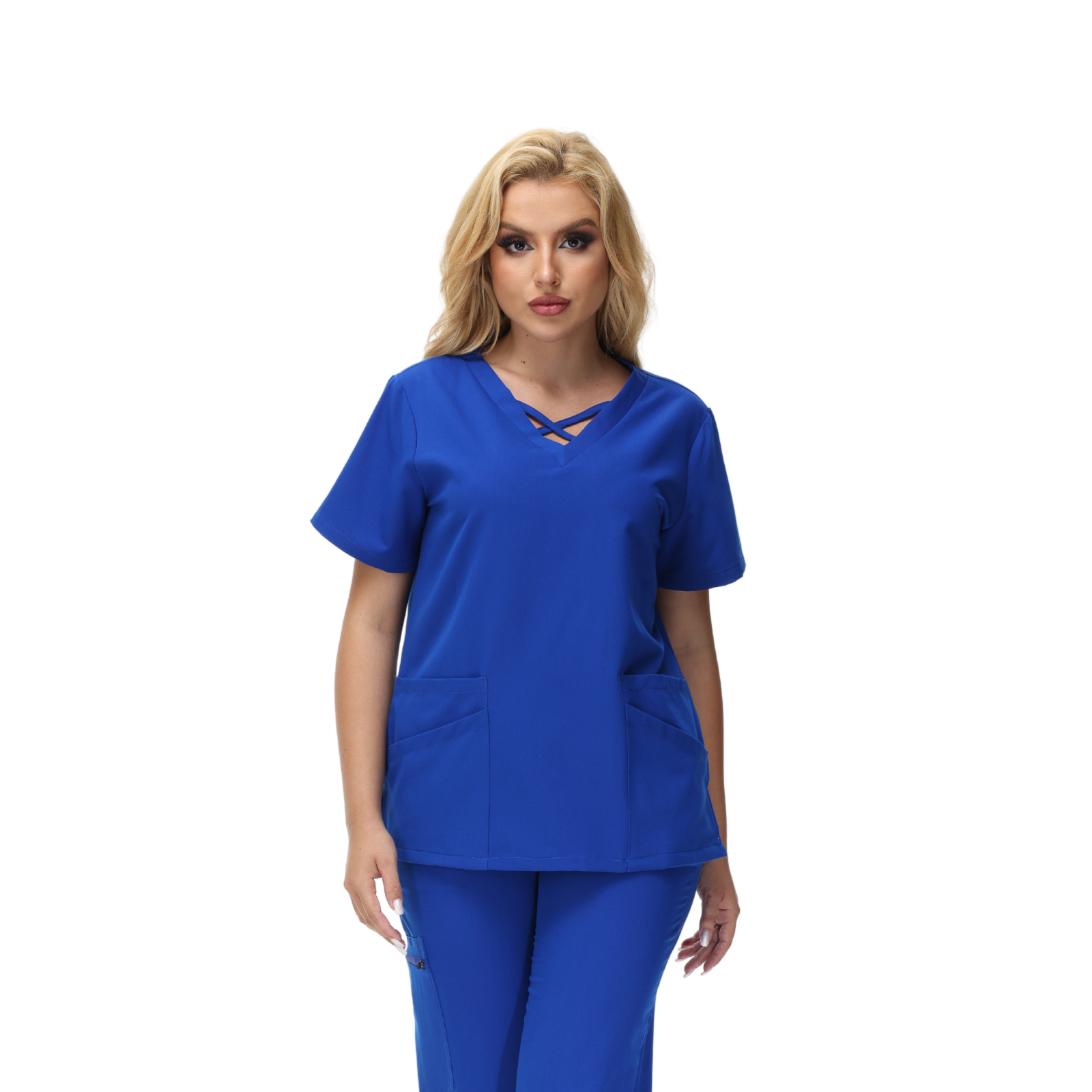 Anne V-neck Four-Pocket Scrub Top featuring a unique cross design and functional pockets.