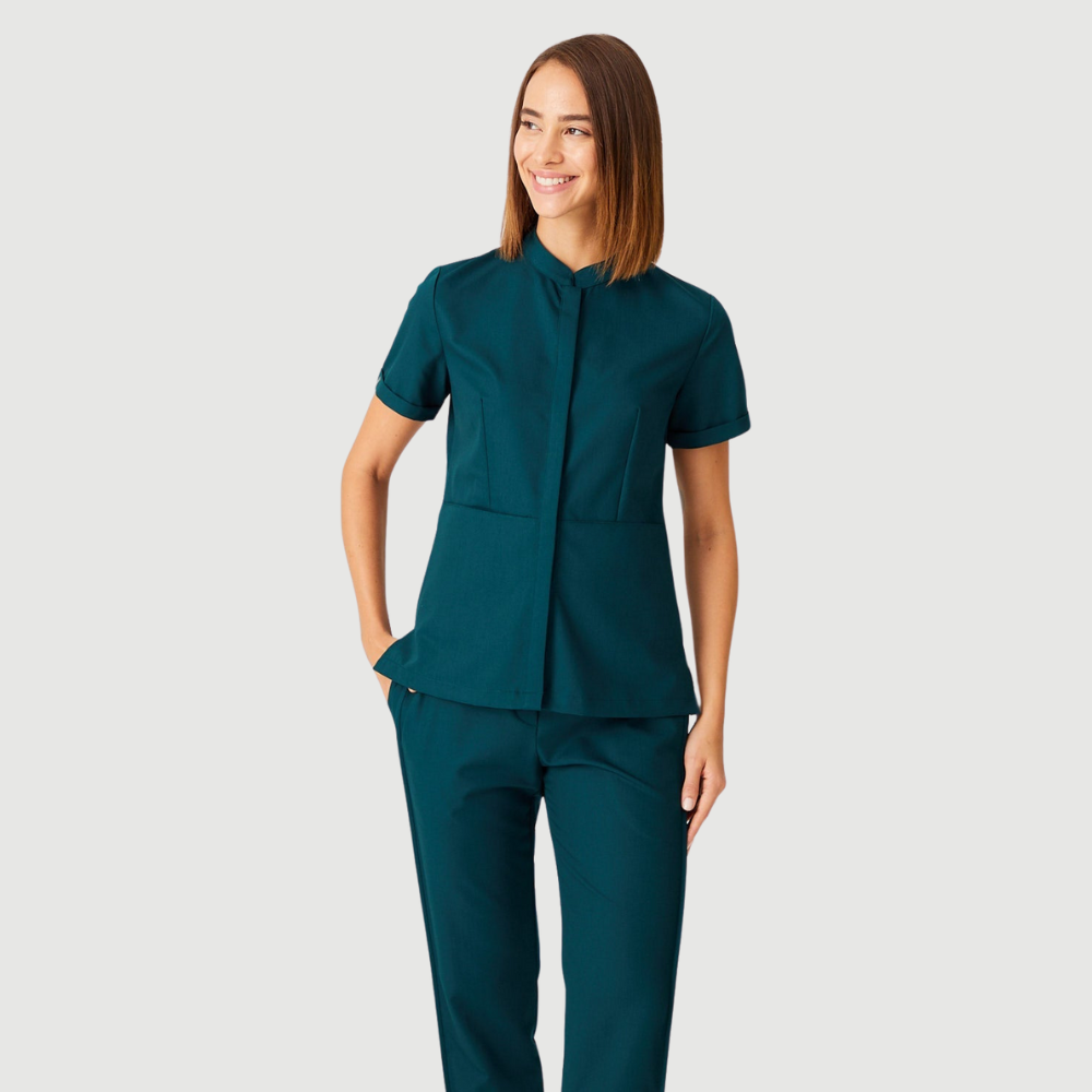 Women's Granded Collar Two Hiden Bag Pockets Scrub Top