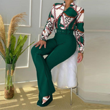 Printed Stand Collar Long Sleeve Shirt Top Wide Leg Pants Set