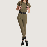 Women's Multiple Pockets Zipper Front Cap Sleeves Jumpsuit