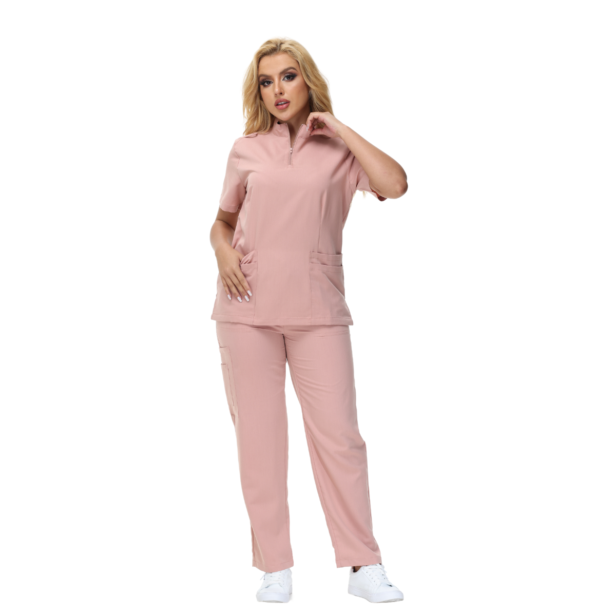 Alison Four-Pocket Scrub Top with mandarin collar and functional design.