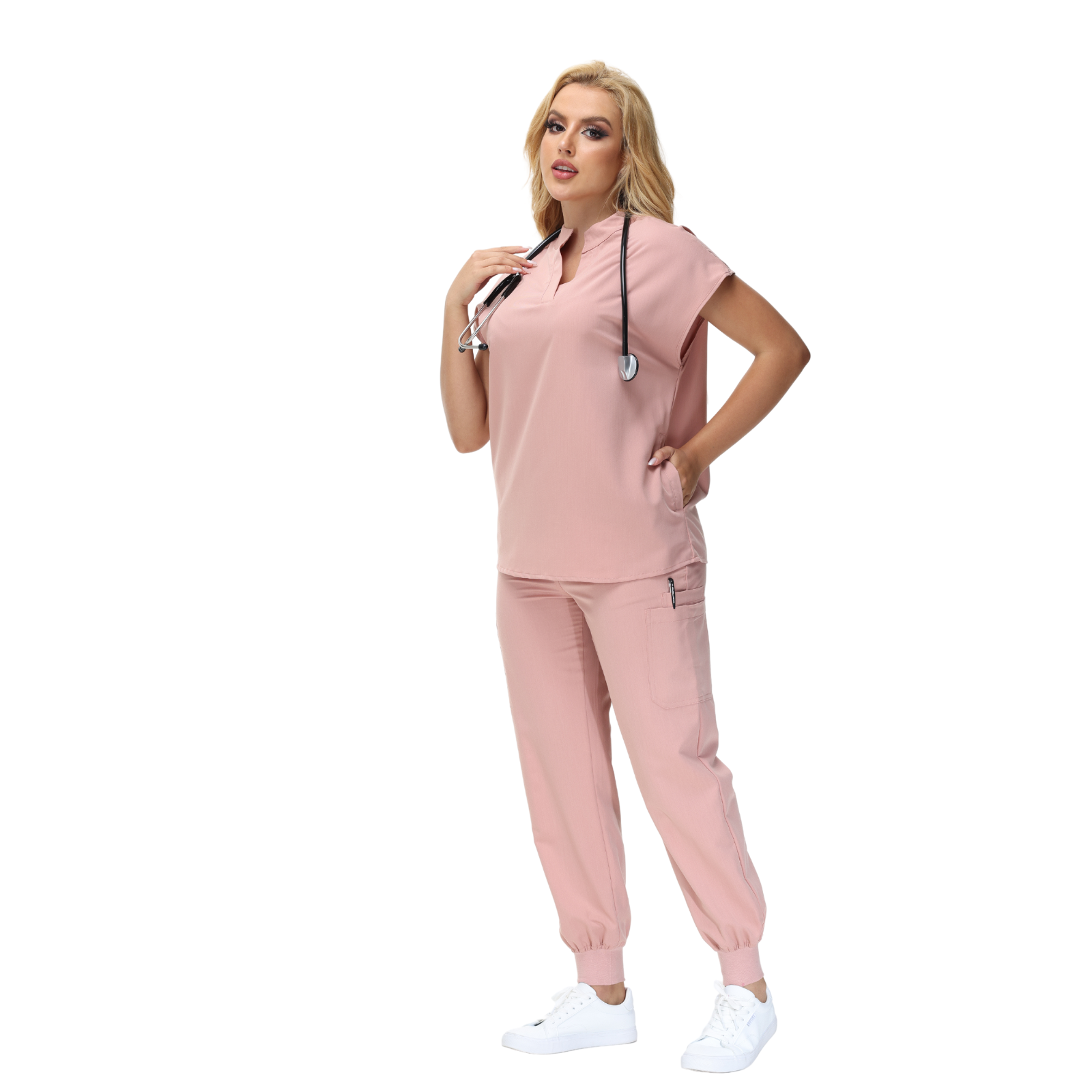 Elegant Crystal Scrub Set with mandarin collar and expansive fit, perfect for healthcare professionals.