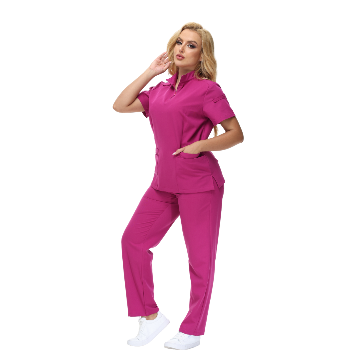 Alison Four-Pocket Scrub Top with mandarin collar and functional design.