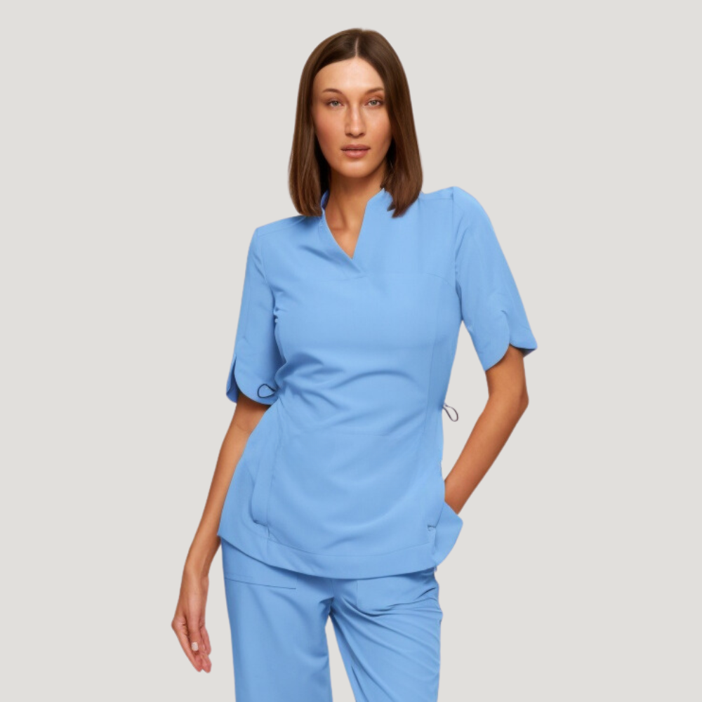 Women's Flower Petals Sleeves Kangaroo Pocket Scrub Top