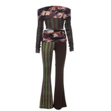 Camouflage Patchwork Off-shoulder Top and Flared Pants Set