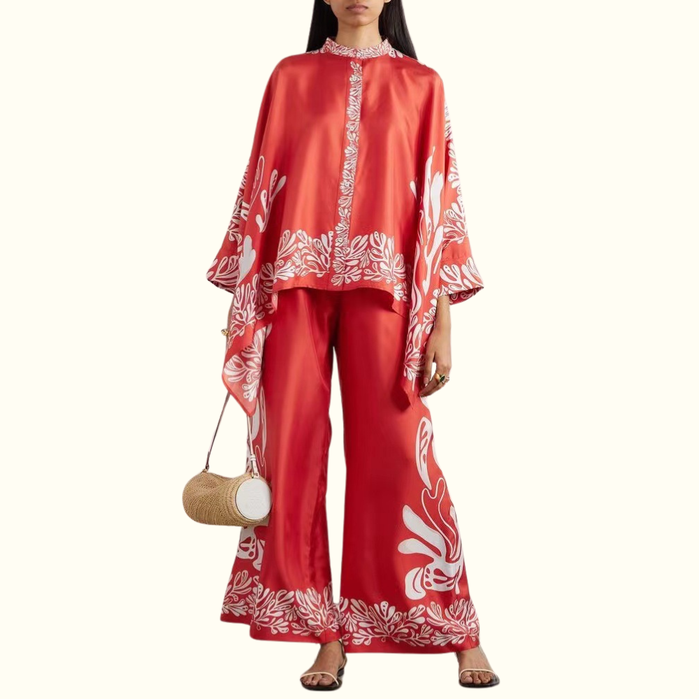 Bohemian Style Stand Collar Irregular Top Wide Leg Pant Set