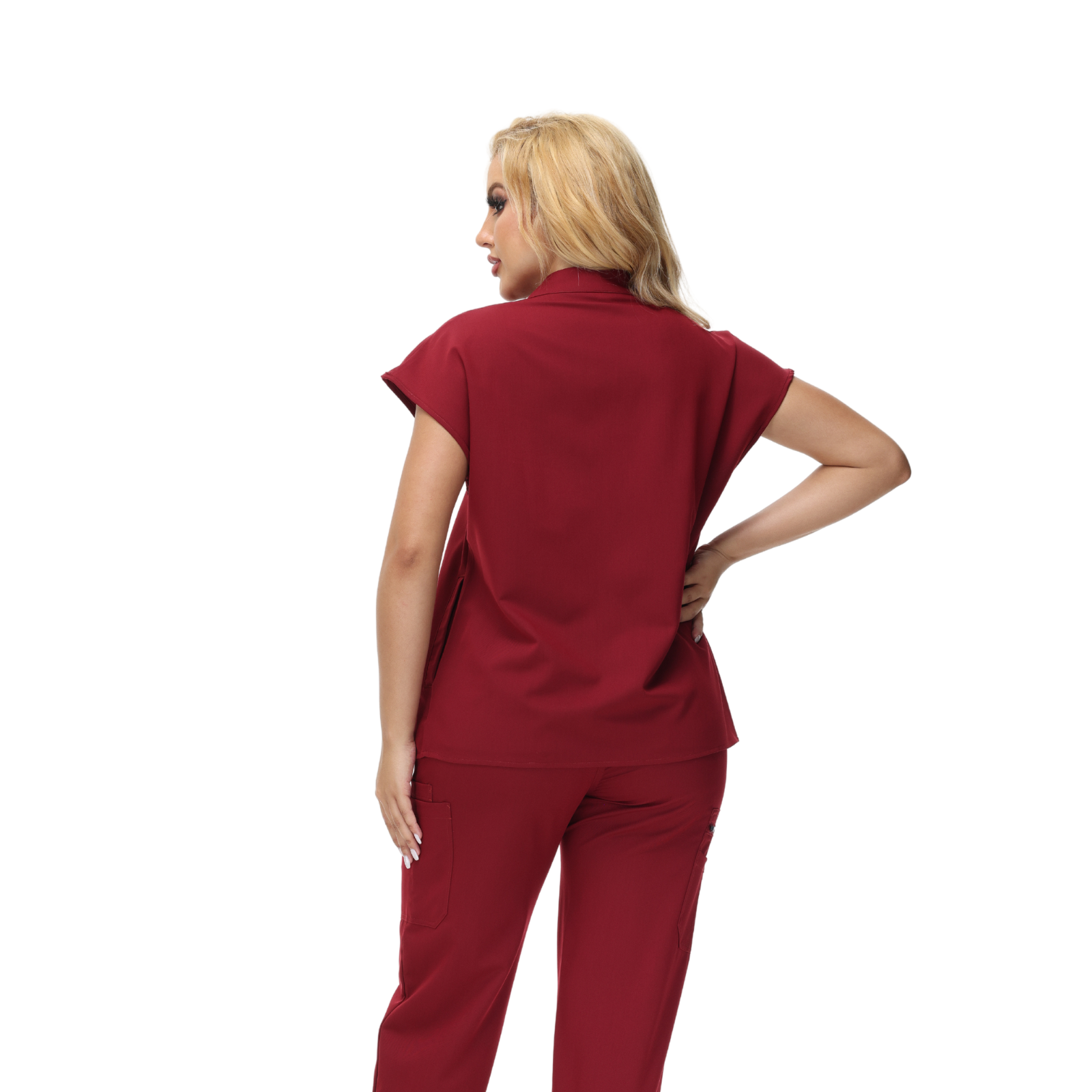 Angela Mandarin Collar Scrub Top with expansive fit and stylish design.