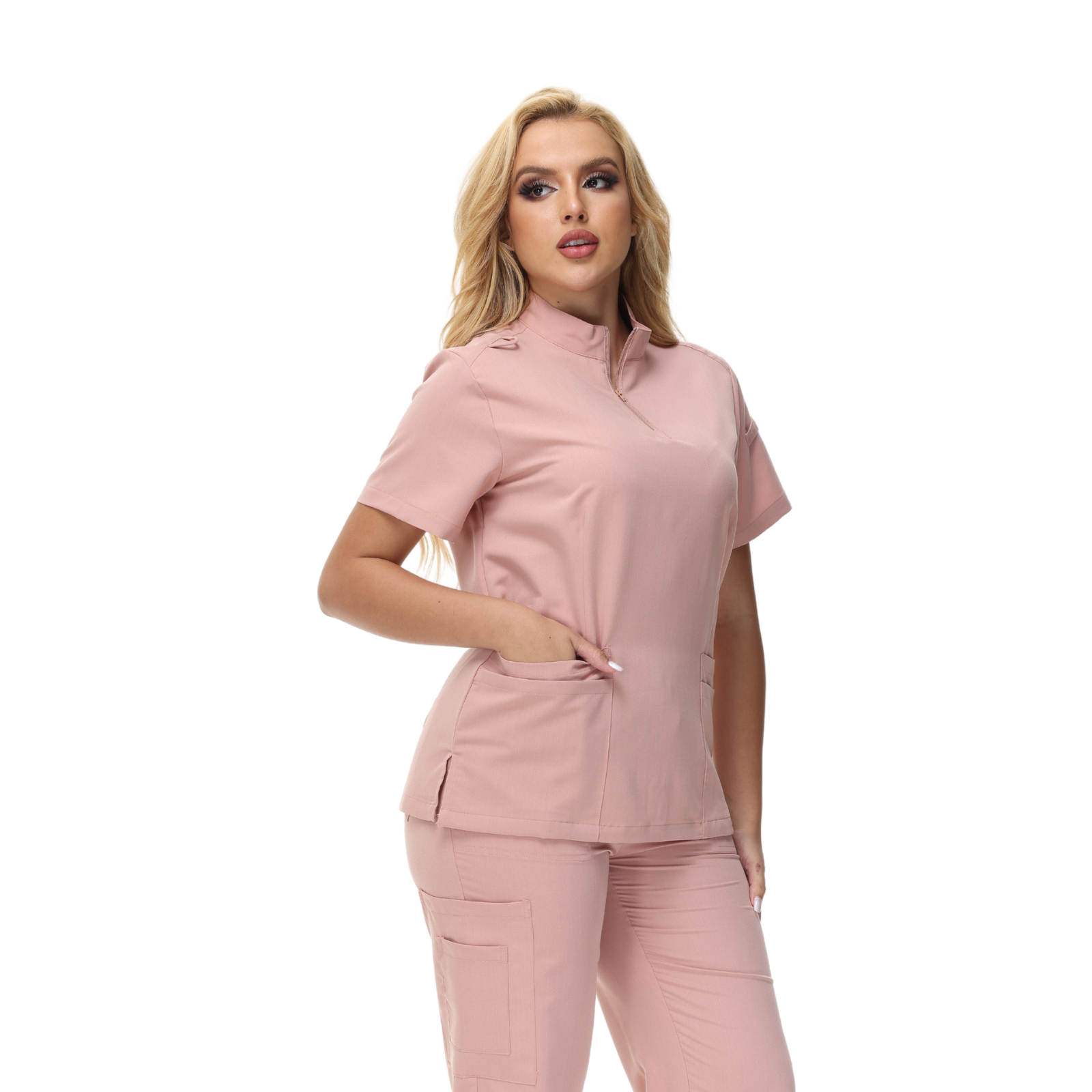 Alison Four-Pocket Scrub Top with mandarin collar and functional design.