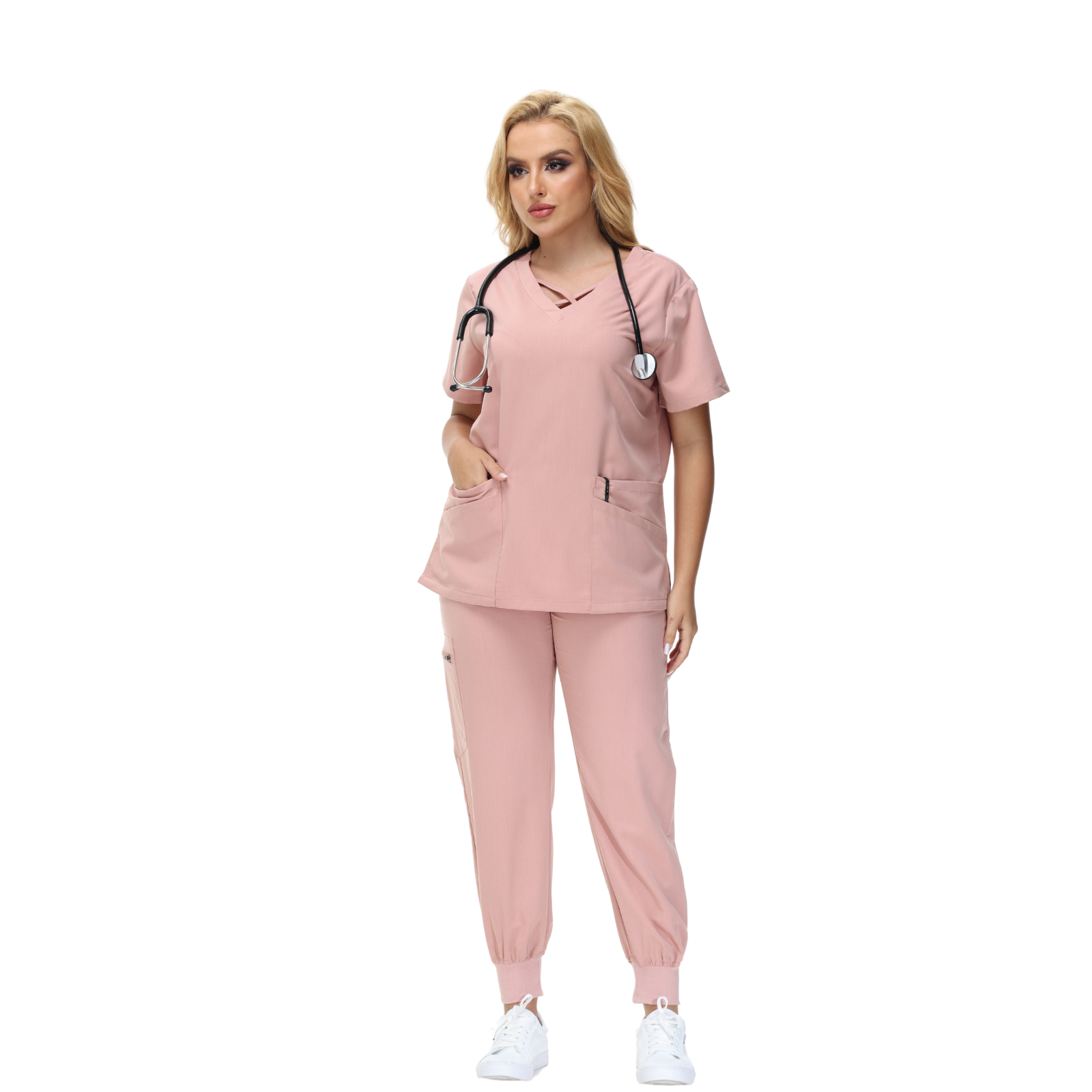 Cleo Scrub Set featuring a classic fit and cross design V-neck, ideal for healthcare professionals.