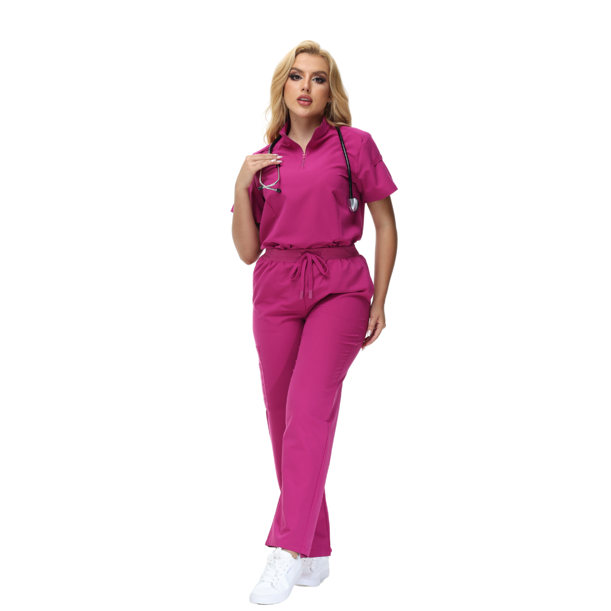 Alison Four-Pocket Scrub Top with mandarin collar and functional design.