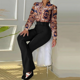 Printed Stand Collar Long Sleeve Shirt Top Wide Leg Pants Set