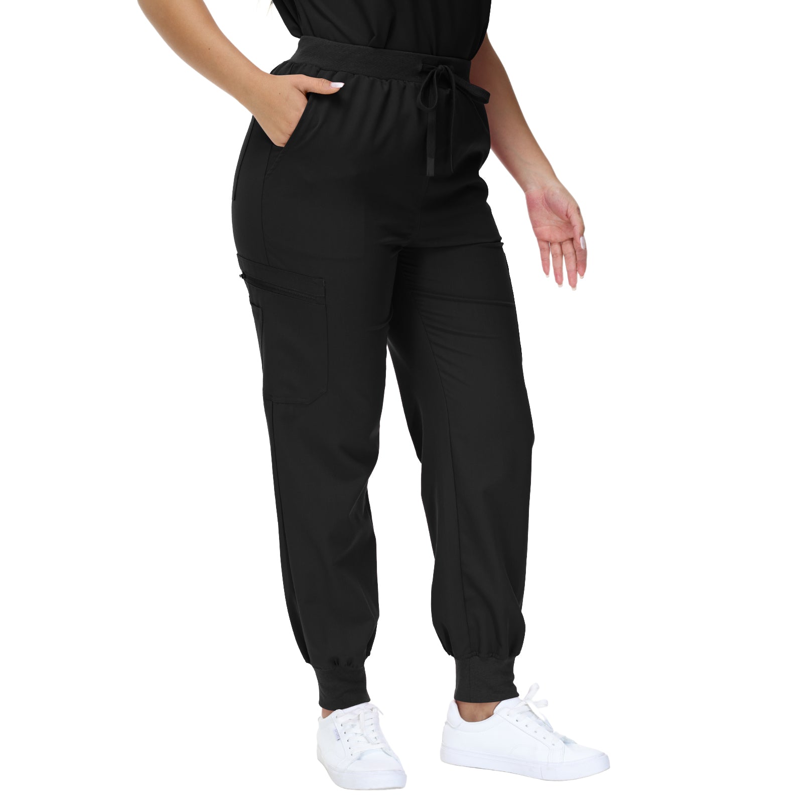 Barbara Eight-Pocket Jogger Scrub Pants with adjustable drawcord and vibrant drawstring.