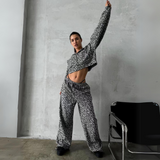 Leopard Print Zipper Hoodie Low Rise Wide Leg Trousers Set