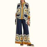 Bohemian Style Stand Collar Irregular Top Wide Leg Pant Set