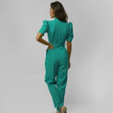 Women's Looser Legs Four Pockets Shirt Collar Jumpsuit