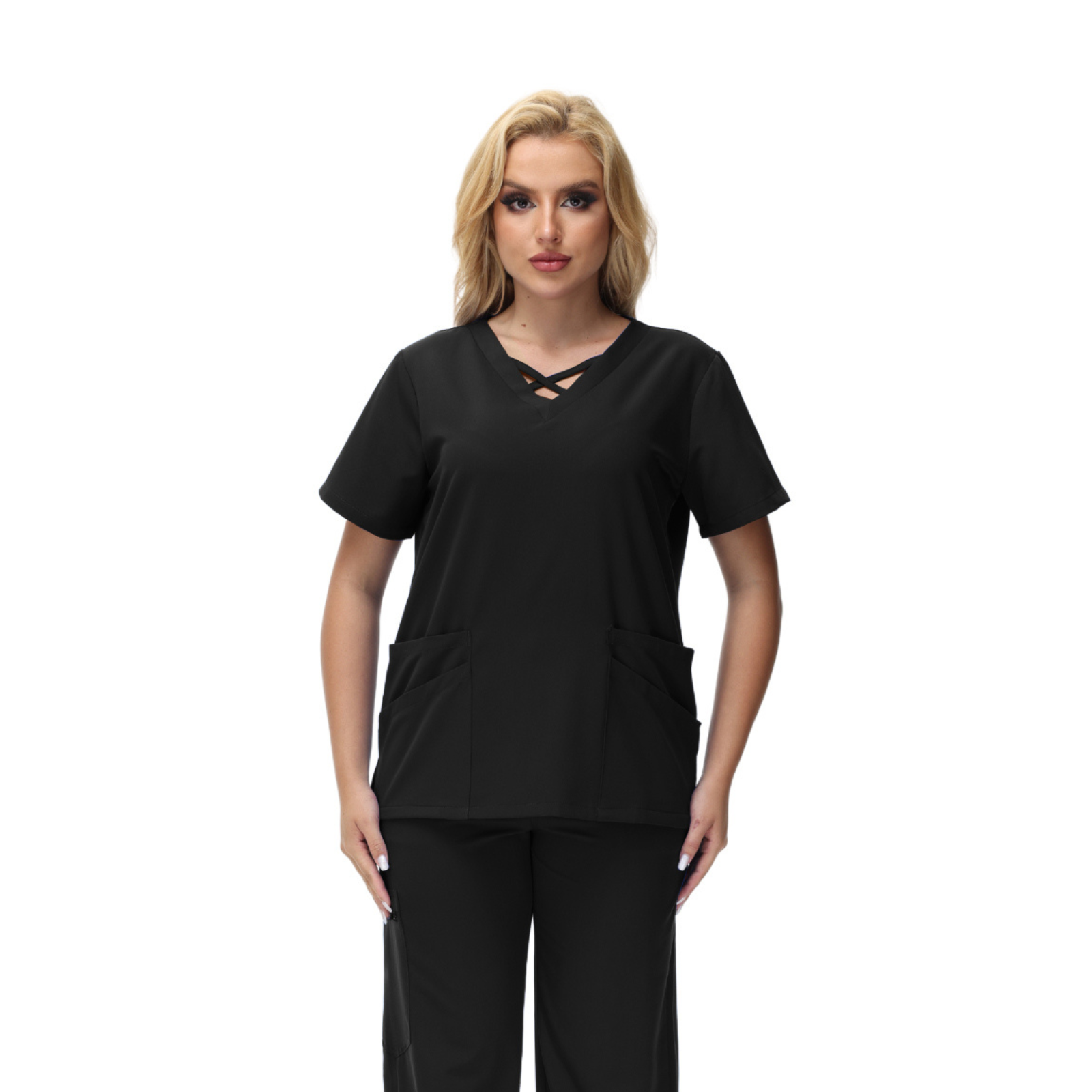 Anne V-neck Four-Pocket Scrub Top featuring a unique cross design and functional pockets.