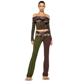 Camouflage Patchwork Off-shoulder Top and Flared Pants Set