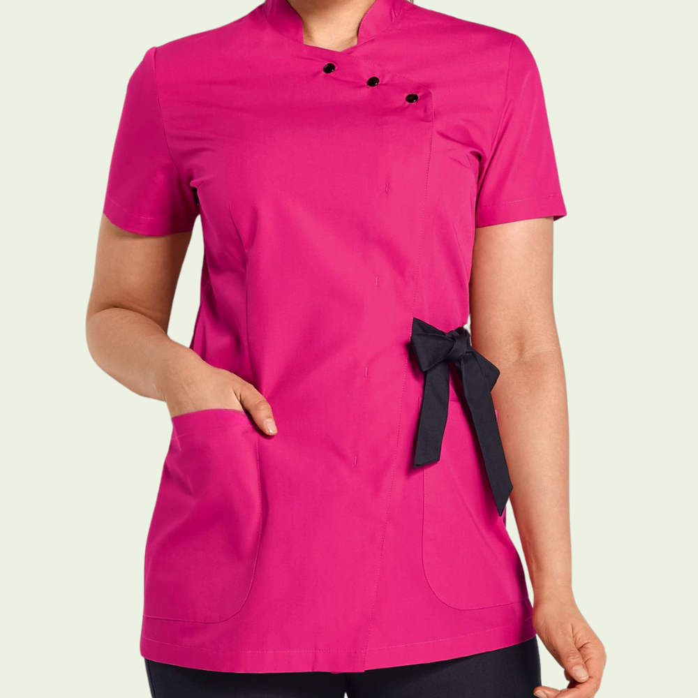 Women's Stand-up Collar Scrub Top with Decorative Bow