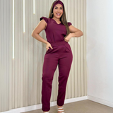 Women's Cigarette Style Elastic Waistband Front Pockets Scrub Pant