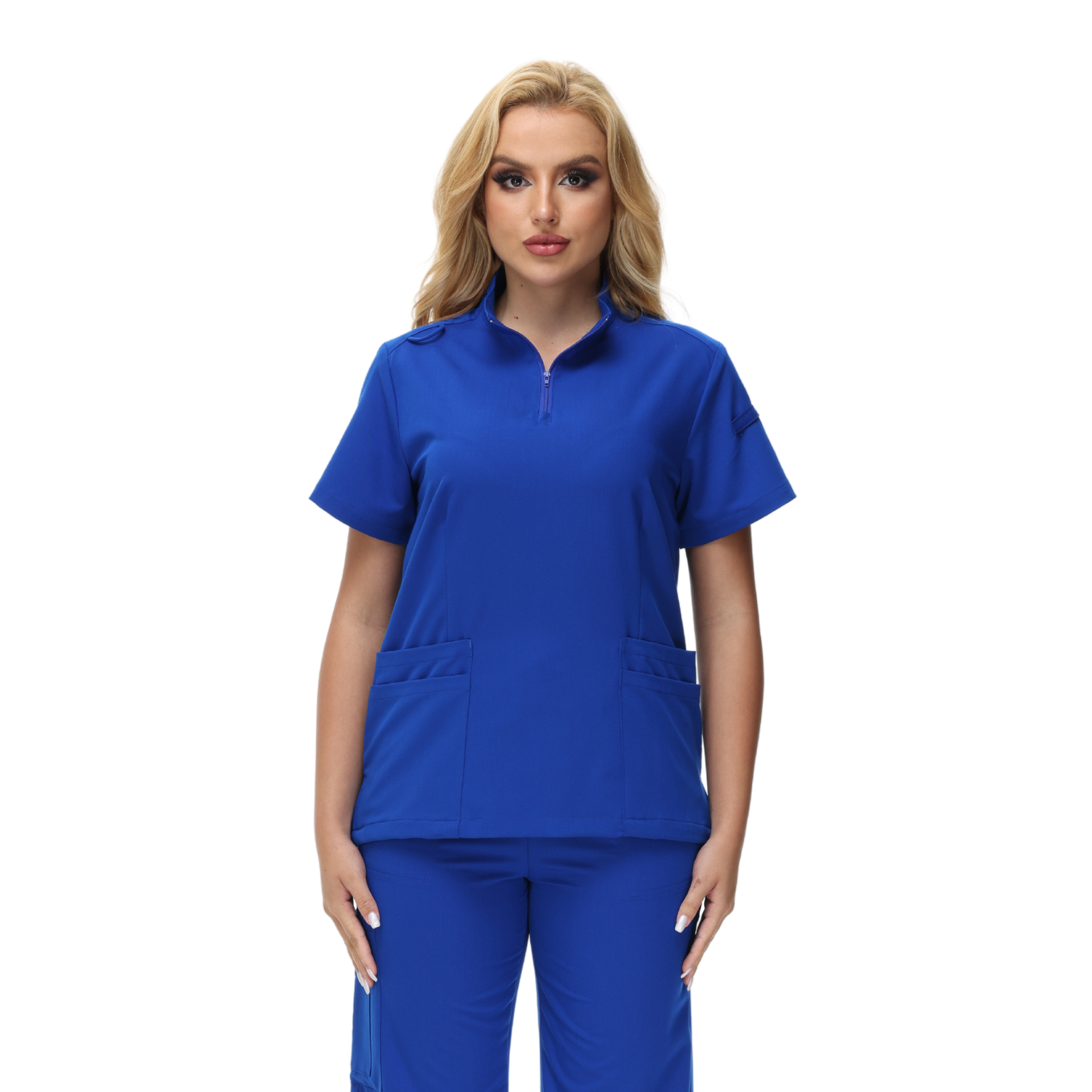 Alison Four-Pocket Scrub Top with mandarin collar and functional design.