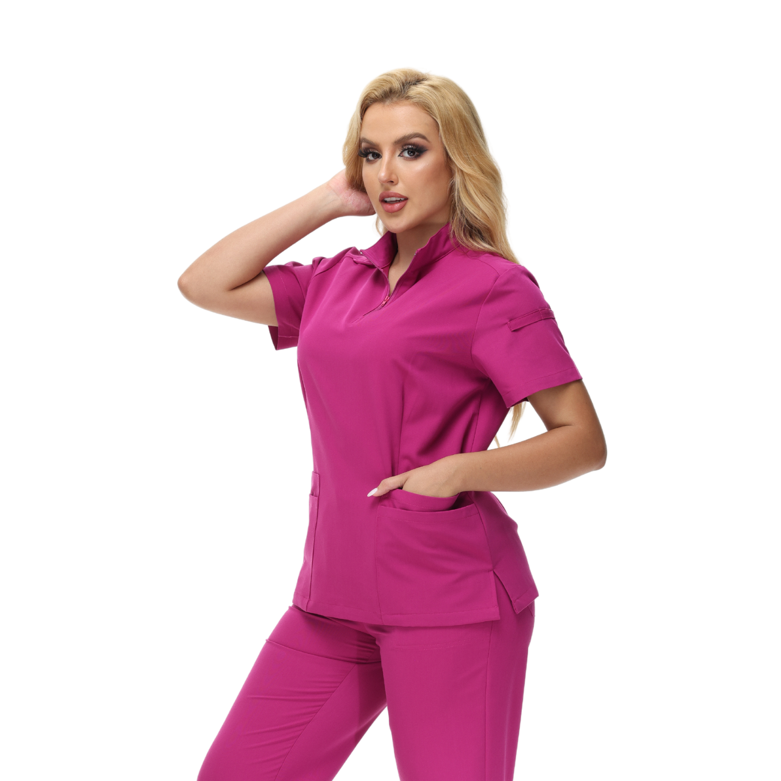 Alison Four-Pocket Scrub Top with mandarin collar and functional design.