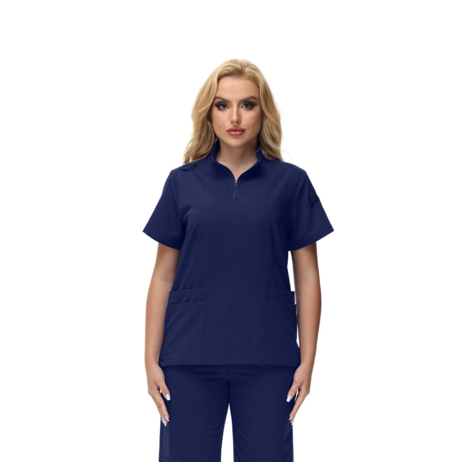 Alison Four-Pocket Scrub Top with mandarin collar and functional design.