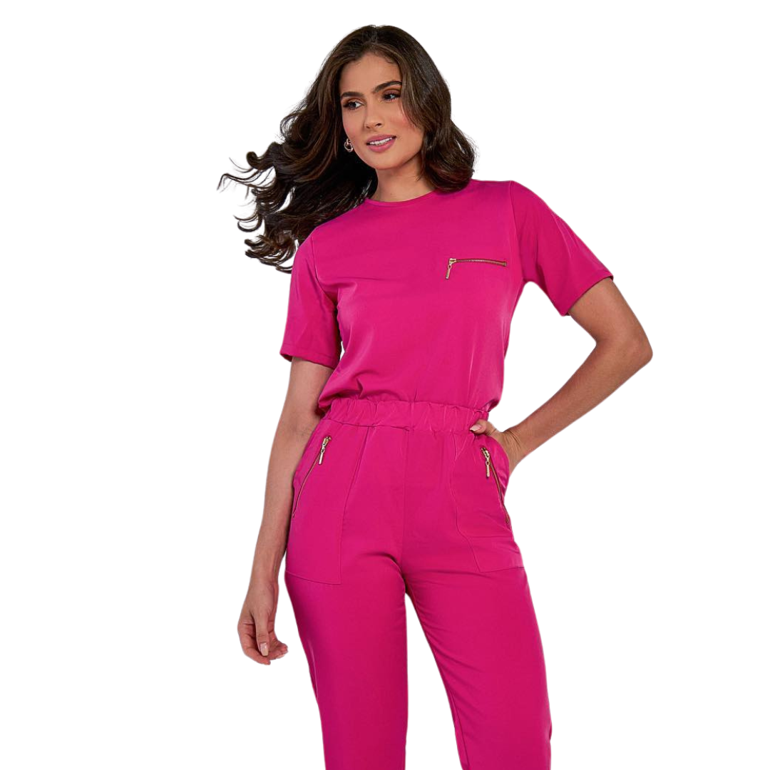 Women's Crew Neck Chest Zipper Pocket Scrub Top