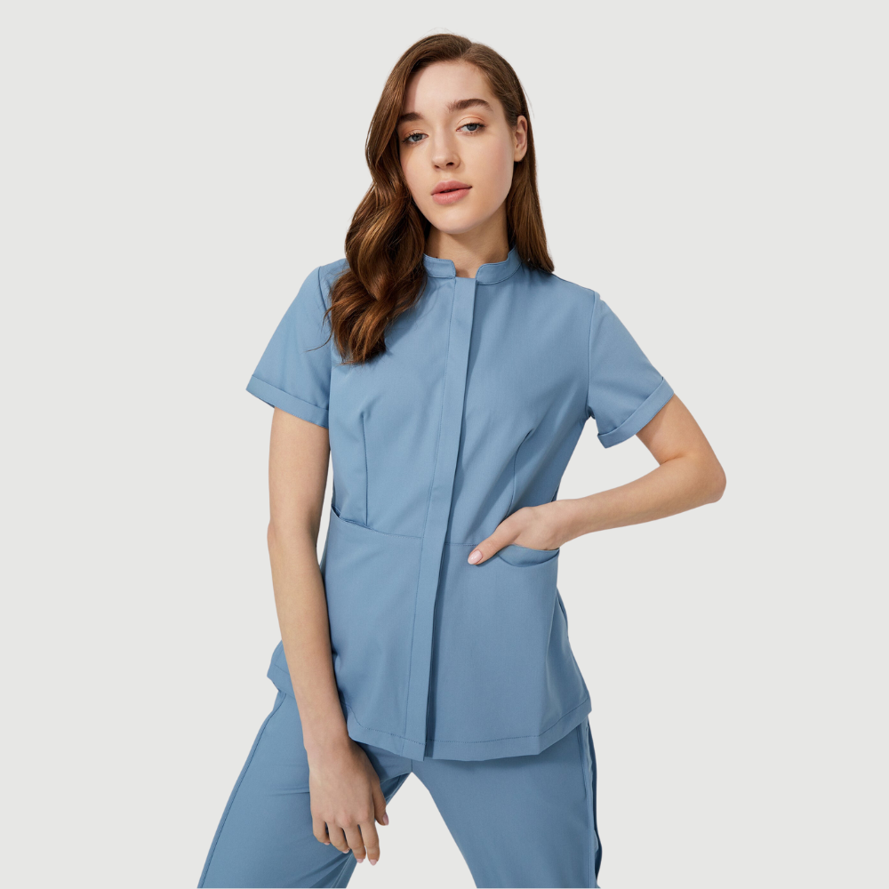 Women's Granded Collar Two Hiden Bag Pockets Scrub Top