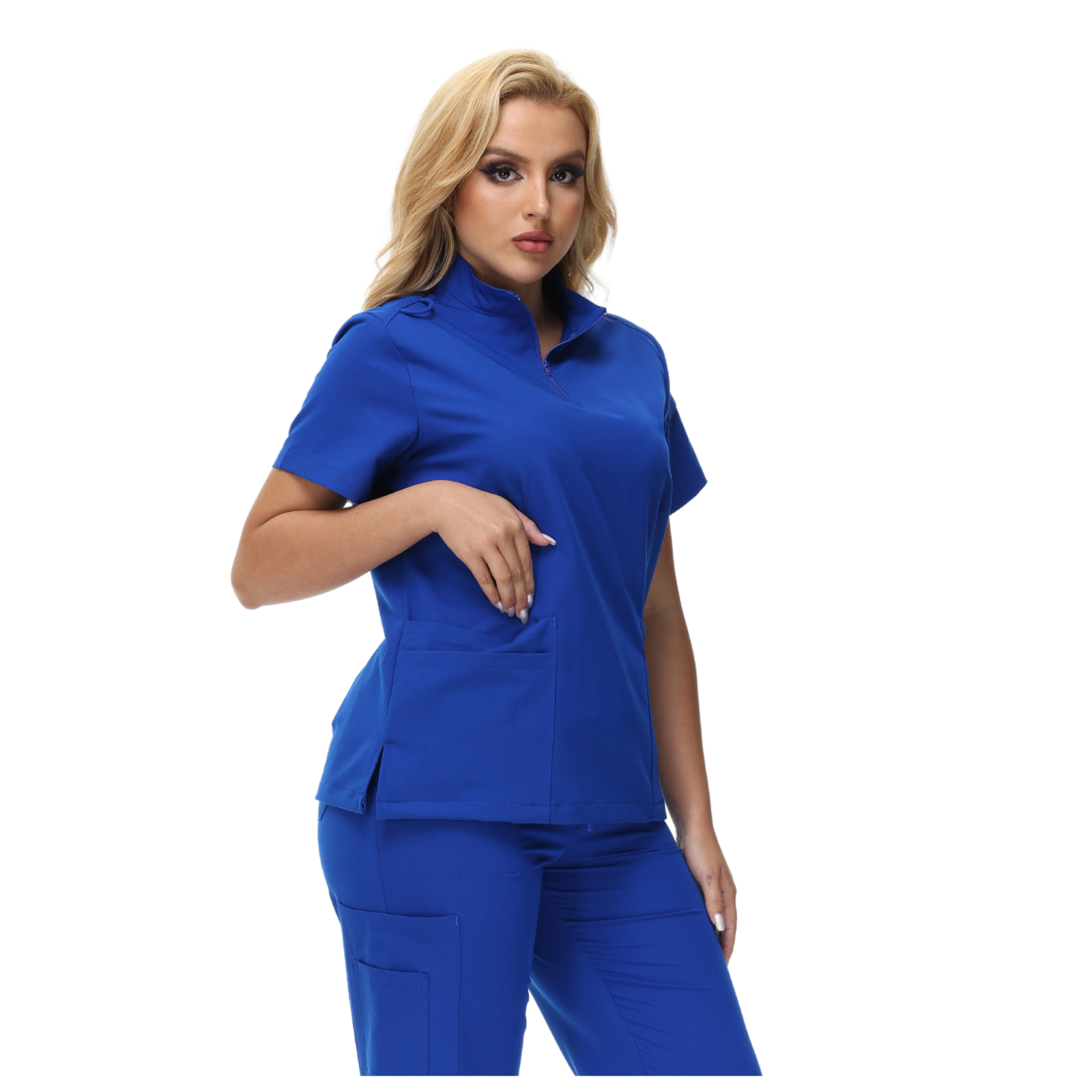 Alison Four-Pocket Scrub Top with mandarin collar and functional design.