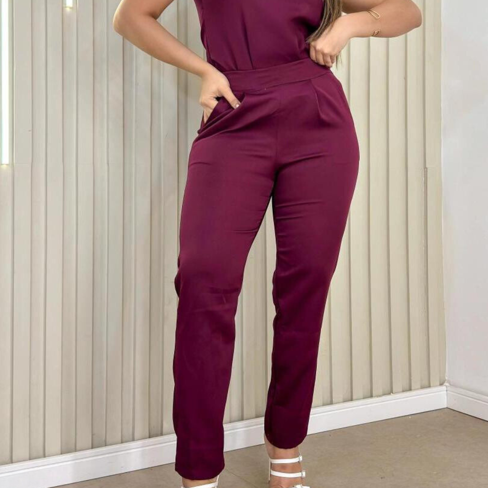 Women's Cigarette Style Elastic Waistband Front Pockets Scrub Pant