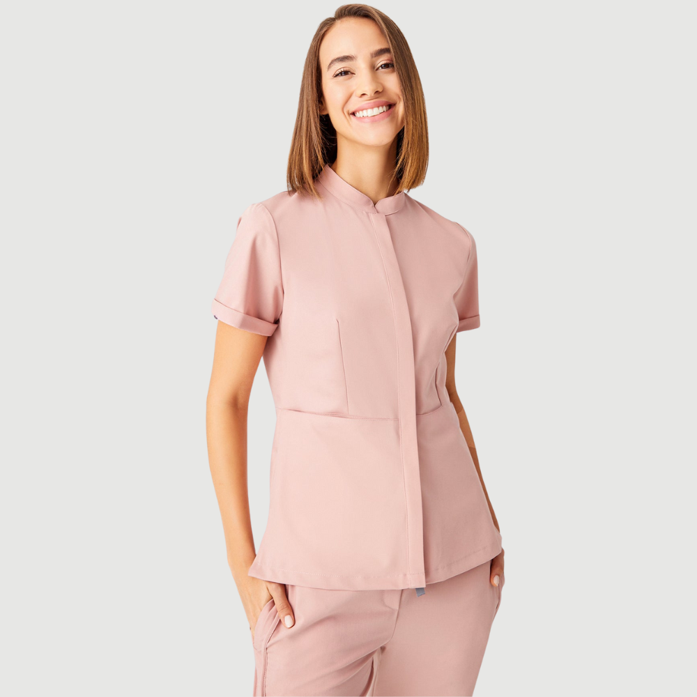 Women's Granded Collar Two Hiden Bag Pockets Scrub Top