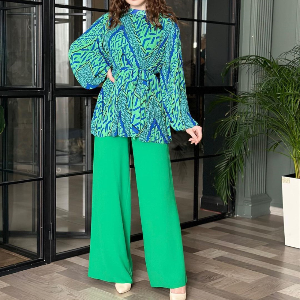 Modern Pleated Temperament Puff Sleeve Shirt High Waist Wide Leg Pants Set