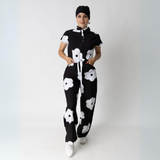 Women's Printed Style Mandarin Collar Long Flared Cut Jumpsuit