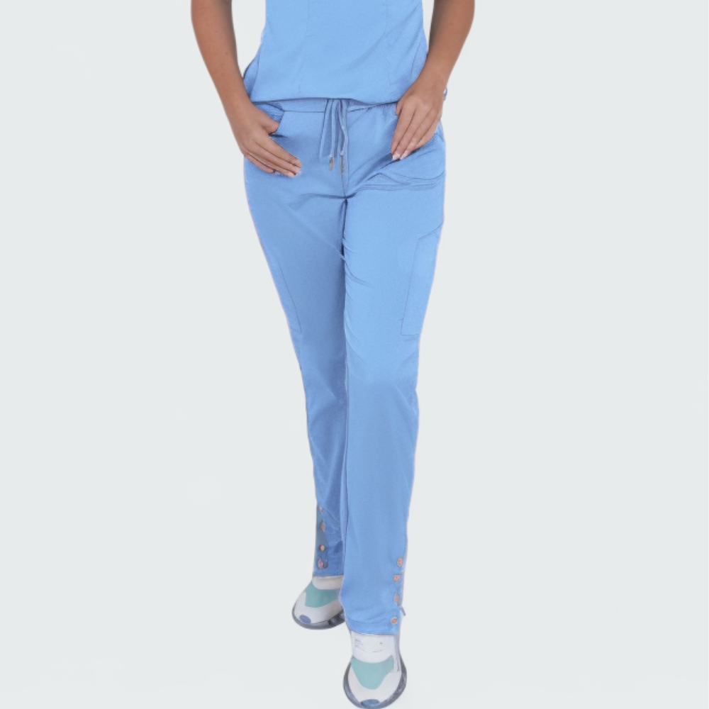 Women's Six Pockets Button Slit Hem Scrub Pant